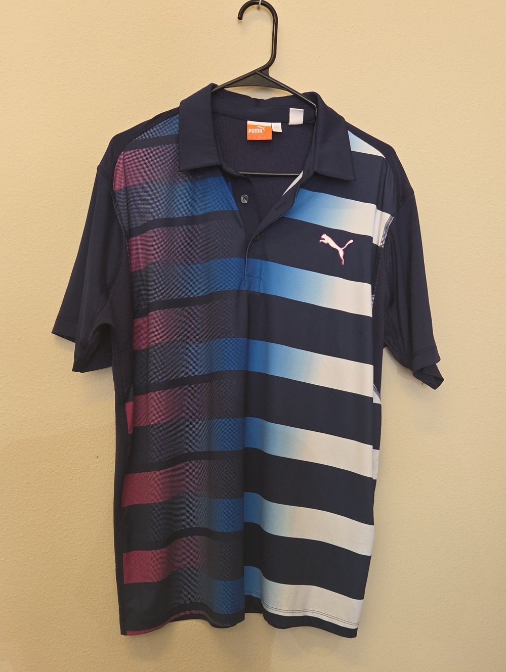 Puma Men’s Navy Polo with Blue and Burgundy Gradient Stripes Size M